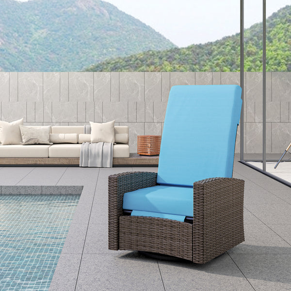 PE Rattan Outdoor Swivel Chair with 360° Swivel, Wicker Patio Chair with Footrest, Soft Cushion and Armrest for Patio, Garden, Backyard, Sky Blue