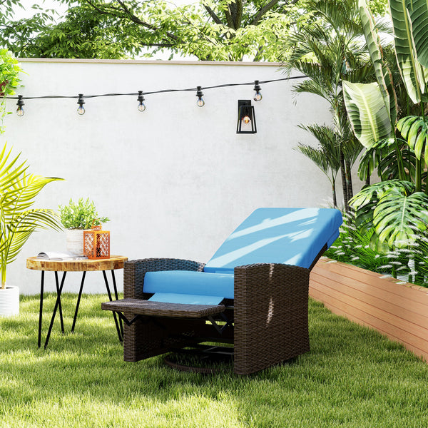 PE Rattan Outdoor Swivel Chair with 360° Swivel, Wicker Patio Chair with Footrest, Soft Cushion and Armrest for Patio, Garden, Backyard, Sky Blue