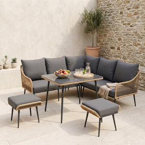 ARVOYA 6 Pieces Garden Corner Rattan Sofa Set w/ Cushions and Glass Top Table, Light Brown