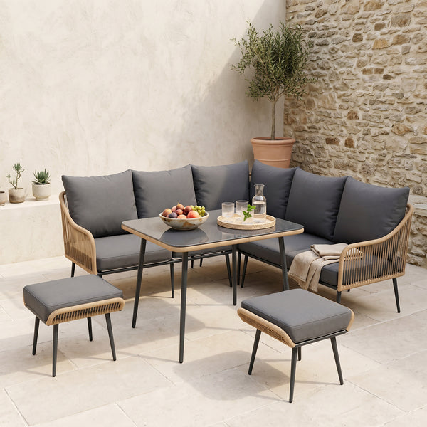 ARVOYA 6 Pieces Garden Corner Rattan Sofa Set w/ Cushions and Glass Top Table, Light Brown