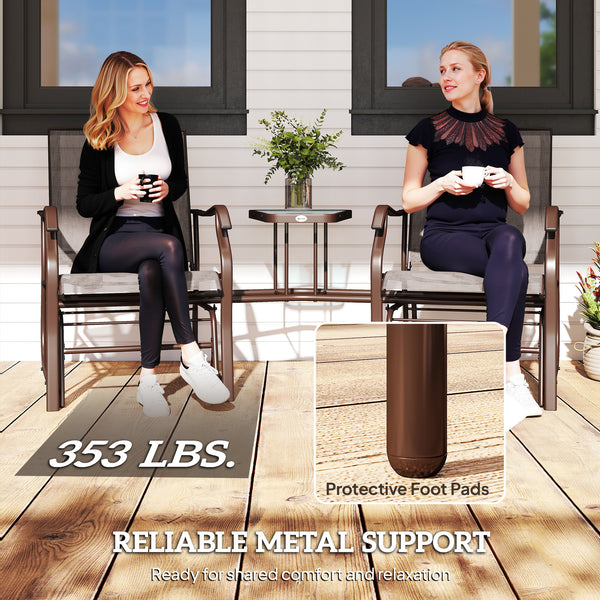 Outdoor Glider Chairs with Coffee Table, Patio 2-Seat Rocking Chair Swing Loveseat with Breathable Sling for Backyard, Garden, and Porch, Coffee Brown