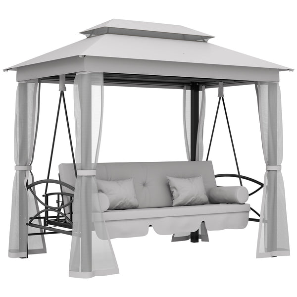 3 Person Outdoor Patio Daybed, 3 in 1 Canopy Gazebo Swing Chair Garden Hammock with Sun Shade, Mesh Mosquito and Net, Grey