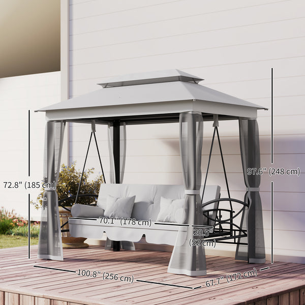 3 Person Outdoor Patio Daybed, 3 in 1 Canopy Gazebo Swing Chair Garden Hammock with Sun Shade, Mesh Mosquito and Net, Grey