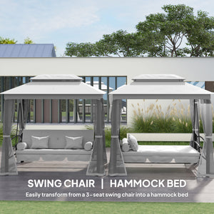 3 Person Outdoor Patio Daybed, 3 in 1 Canopy Gazebo Swing Chair Garden Hammock with Sun Shade, Mesh Mosquito and Net, Grey