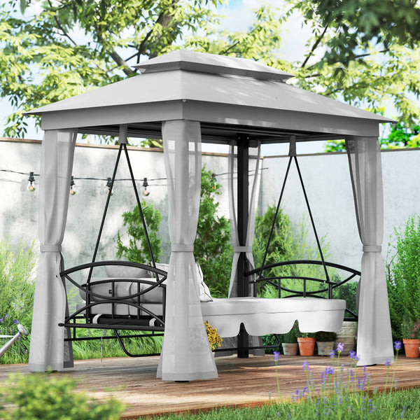 3 Person Outdoor Patio Daybed, 3 in 1 Canopy Gazebo Swing Chair Garden Hammock with Sun Shade, Mesh Mosquito and Net, Grey
