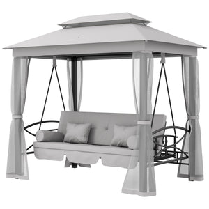 3 Person Outdoor Patio Daybed, 3 in 1 Canopy Gazebo Swing Chair Garden Hammock with Sun Shade, Mesh Mosquito and Net, Grey