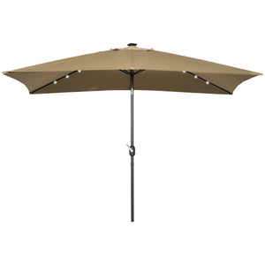 6.5x10ft Patio Umbrella Rectangle Solar Powered Tilt Aluminum Outdoor Market Parasol with LEDs Crank (Light Coffee)