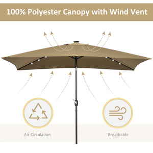 6.5x10ft Patio Umbrella Rectangle Solar Powered Tilt Aluminum Outdoor Market Parasol with LEDs Crank (Light Coffee)