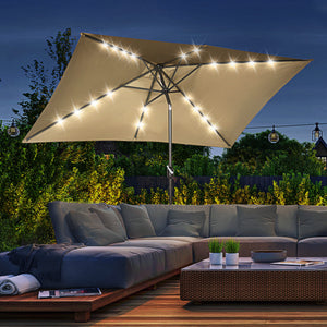 6.5x10ft Patio Umbrella Rectangle Solar Powered Tilt Aluminum Outdoor Market Parasol with LEDs Crank (Light Coffee)