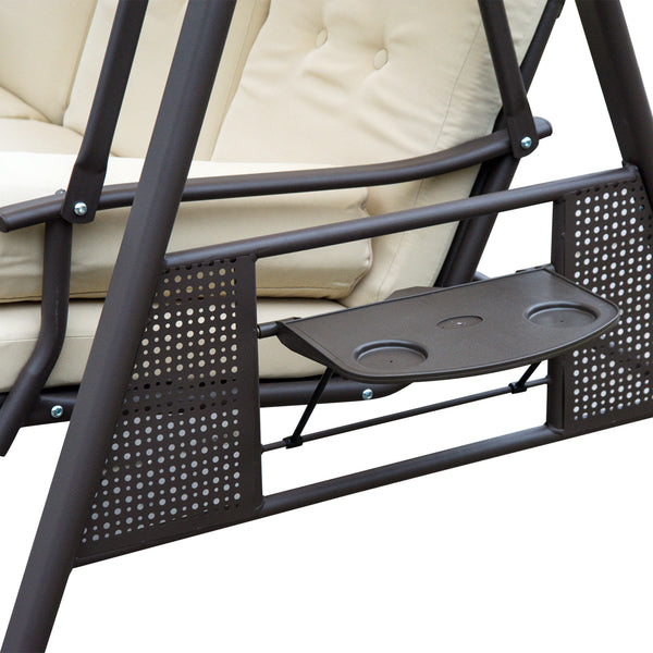 3 Seater Canopy Swing Chair, Outdoor Garden Swing Seat with Adjustable Canopy, Cushions and Cup Trays, Steel Frame, Beige