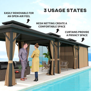 10' x 12' Hardtop Gazebo, Aluminum Frame Garden Sun Shelter with Double Tier Metal Roof, Mosquito Netting, Curtains, and Hanging Hook, Dark Brown