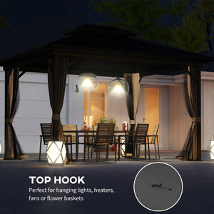 10' x 12' Hardtop Gazebo, Aluminum Frame Garden Sun Shelter with Double Tier Metal Roof, Mosquito Netting, Curtains, and Hanging Hook, Dark Brown