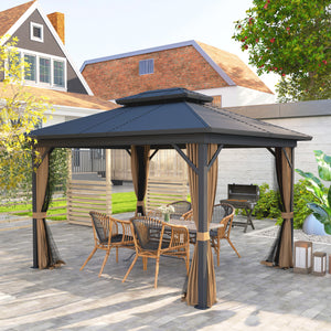 10' x 12' Hardtop Gazebo, Aluminum Frame Garden Sun Shelter with Double Tier Metal Roof, Mosquito Netting, Curtains, and Hanging Hook, Dark Brown