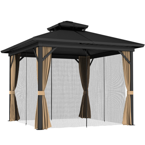 10' x 12' Hardtop Gazebo, Aluminum Frame Garden Sun Shelter with Double Tier Metal Roof, Mosquito Netting, Curtains, and Hanging Hook, Dark Brown