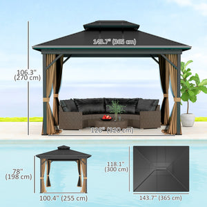 10' x 12' Hardtop Gazebo, Aluminum Frame Garden Sun Shelter with Double Tier Metal Roof, Mosquito Netting, Curtains, and Hanging Hook, Dark Brown