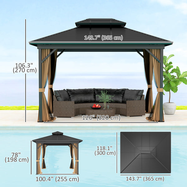 10' x 12' Hardtop Gazebo, Aluminum Frame Garden Sun Shelter with Double Tier Metal Roof, Mosquito Netting, Curtains, and Hanging Hook, Dark Brown