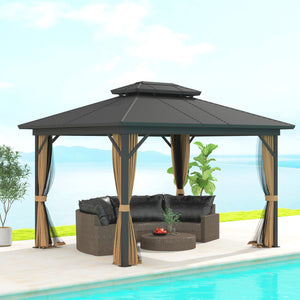 10' x 12' Hardtop Gazebo, Aluminum Frame Garden Sun Shelter with Double Tier Metal Roof, Mosquito Netting, Curtains, and Hanging Hook, Dark Brown