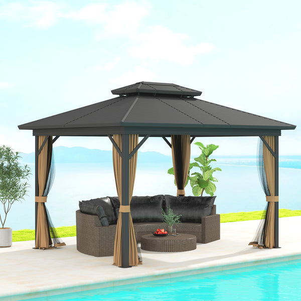 10' x 12' Hardtop Gazebo, Aluminum Frame Garden Sun Shelter with Double Tier Metal Roof, Mosquito Netting, Curtains, and Hanging Hook, Dark Brown