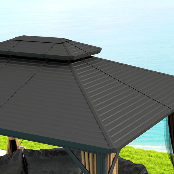 10' x 12' Hardtop Gazebo, Aluminum Frame Garden Sun Shelter with Double Tier Metal Roof, Mosquito Netting, Curtains, and Hanging Hook, Dark Brown