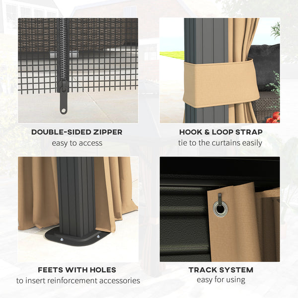 10' x 12' Hardtop Gazebo, Aluminum Frame Garden Sun Shelter with Double Tier Metal Roof, Mosquito Netting, Curtains, and Hanging Hook, Dark Brown