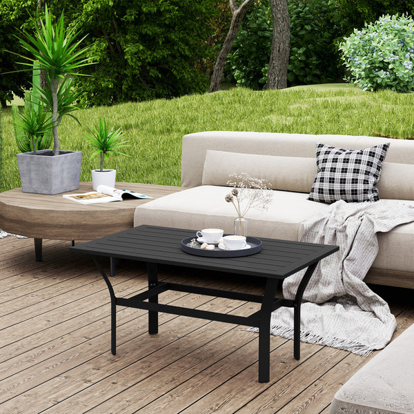 Outdoor Coffee Table, All-Weather Rectangle Metal Patio Coffee Table with Slatted Tabletop for Outside, Patio, Garden, Balcony, Backyard, Black