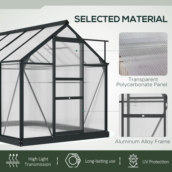 6 x 8ft Polycarbonate Greenhouse, Large Walk-In Green House with Slide Door and Window, Garden Plants Grow House with Aluminium Frame and Foundation, Grey