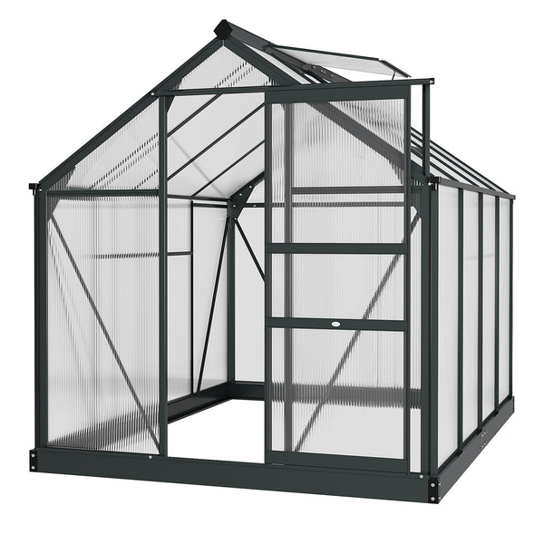 6 x 8ft Polycarbonate Greenhouse, Large Walk-In Green House with Slide Door and Window, Garden Plants Grow House with Aluminium Frame and Foundation, Grey