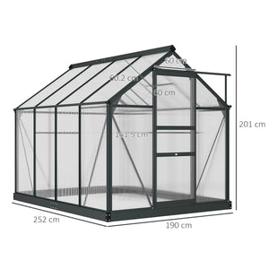 6 x 8ft Polycarbonate Greenhouse, Large Walk-In Green House with Slide Door and Window, Garden Plants Grow House with Aluminium Frame and Foundation, Grey