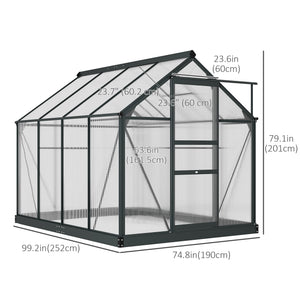 6' x 8' x 6.6' Polycarbonate Greenhouse, Walk-In Green House Kit Garden, Plants Grow, Galvanized Sheet Aluminum Frame with Rain Gutter, Vent and Sliding Door, Grey