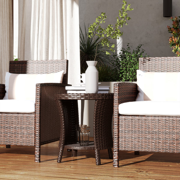 18" Wicker Outdoor Side Table, Patio Coffee Table with 2-Tier Storage, PE Rattan Outdoor Coffee Table with Composite Wood Top for Garden Backyard Balcony, Brown