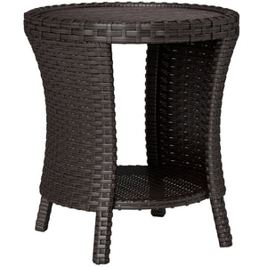 18" Wicker Outdoor Side Table, Patio Coffee Table with 2-Tier Storage, PE Rattan Outdoor Coffee Table with Composite Wood Top for Garden Backyard Balcony, Brown