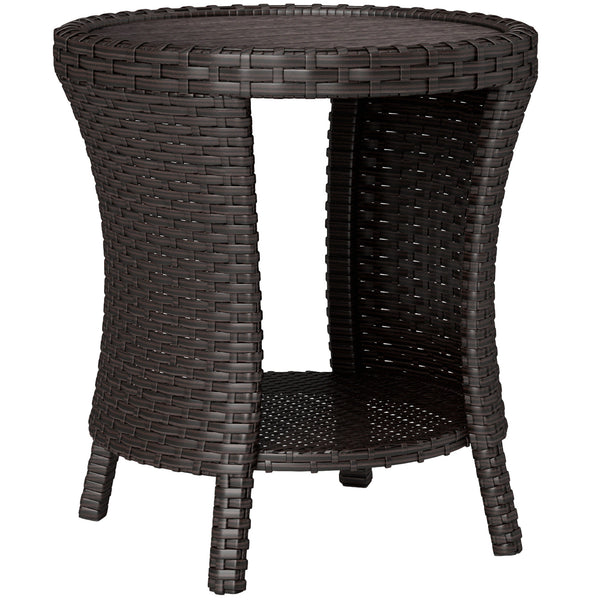 18" Wicker Outdoor Side Table, Patio Coffee Table with 2-Tier Storage, PE Rattan Outdoor Coffee Table with Composite Wood Top for Garden Backyard Balcony, Brown
