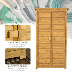 Small Shed, Wooden Garden Storage Shed, 3 Shelves Outdoor Tool Shed Cabinet with Asphalt Roof and Shutter Doors, 87cm x 47cm x 160cm, Natural Wood Finish