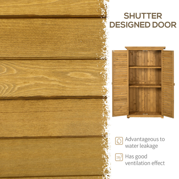 Small Shed, Wooden Garden Storage Shed, 3 Shelves Outdoor Tool Shed Cabinet with Asphalt Roof and Shutter Doors, 87cm x 47cm x 160cm, Natural Wood Finish
