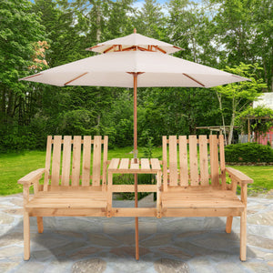 2-Seater Outdoor Wooden Bench with Middle Table and Umbrella Hole, Garden Bench for 2 Persons, Patio Loveseat with Slatted Seat and Back, Nature Wood