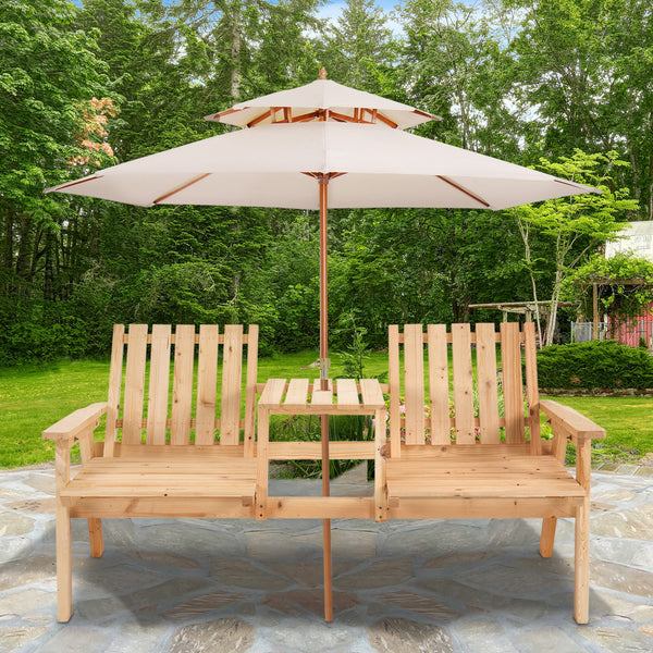 2-Seater Outdoor Wooden Bench with Middle Table and Umbrella Hole, Garden Bench for 2 Persons, Patio Loveseat with Slatted Seat and Back, Nature Wood