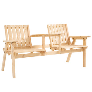 2-Seater Outdoor Wooden Bench with Middle Table and Umbrella Hole, Garden Bench for 2 Persons, Patio Loveseat with Slatted Seat and Back, Nature Wood