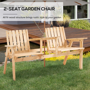 2-Seater Outdoor Wooden Bench with Middle Table and Umbrella Hole, Garden Bench for 2 Persons, Patio Loveseat with Slatted Seat and Back, Nature Wood