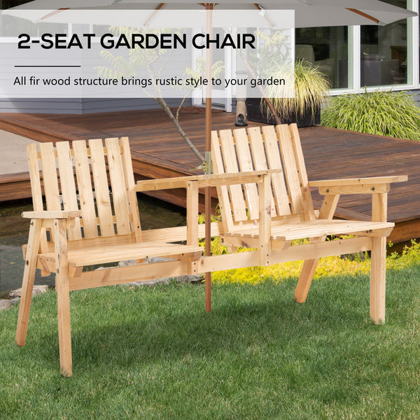 2-Seater Outdoor Wooden Bench with Middle Table and Umbrella Hole, Garden Bench for 2 Persons, Patio Loveseat with Slatted Seat and Back, Nature Wood