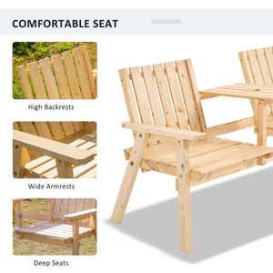 2-Seater Outdoor Wooden Bench with Middle Table and Umbrella Hole, Garden Bench for 2 Persons, Patio Loveseat with Slatted Seat and Back, Nature Wood