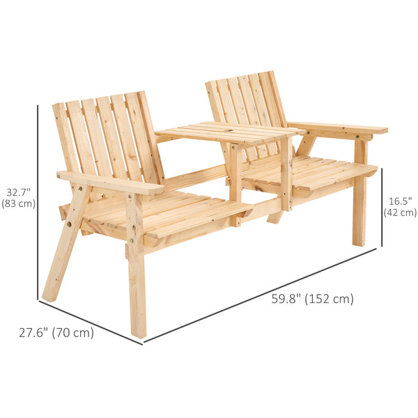 2-Seater Outdoor Wooden Bench with Middle Table and Umbrella Hole, Garden Bench for 2 Persons, Patio Loveseat with Slatted Seat and Back, Nature Wood