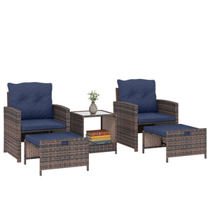 5 Piece Patio Furniture Set, Wicker Patio Chairs with Ottomans, 2-Tier Glass Coffee Table, Cushions, Outdoor Patio Furniture Conversation Set for Balcony, Brown/Dark Blue