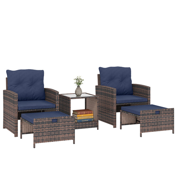 5 Piece Patio Furniture Set, Wicker Patio Chairs with Ottomans, 2-Tier Glass Coffee Table, Cushions, Outdoor Patio Furniture Conversation Set for Balcony, Brown/Dark Blue