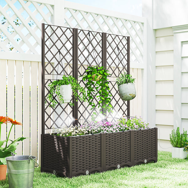 3PCS Plastic Planter Box with Trellis, Self-Watering Raised Garden Bed with Trellis and Automatic Watering Timer Kit, Outdoor Raised Planter with Drainage Holes, Plugs and Water Reservoir
