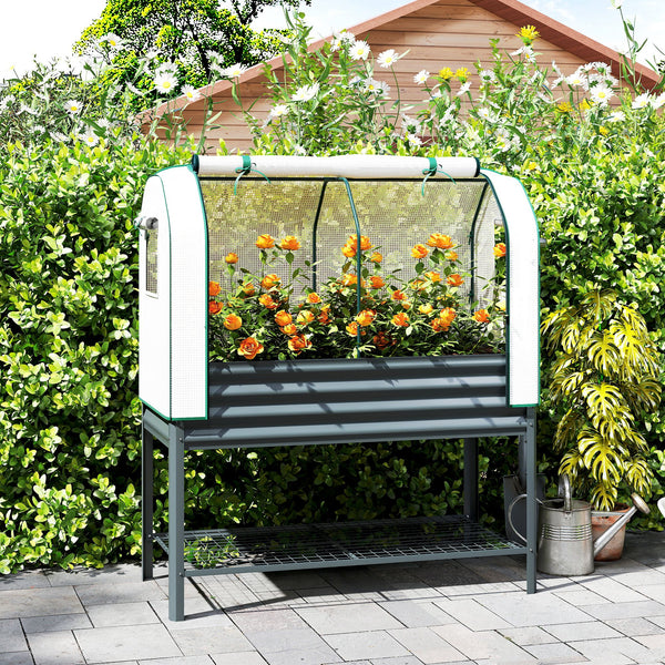 Galvanised Raised Garden Bed with Greenhouse Cover, Metal Elevated Garden Bed with Legs, Bed Liner and Bottom Shelf, Outdoor Raised Planter Box for Vegetables, Herbs, Flowers, Dark Gray