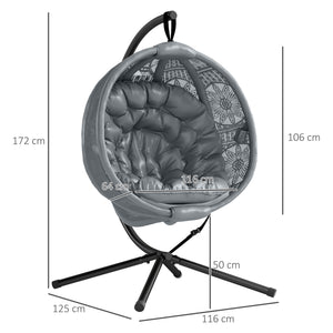 Outdoor Hanging Chair, Swing Chair with Metal Stand, Thick Padded Cushion, Foldable Basket and Side Pocket, for Indoor and Outdoor, Charcoal Grey