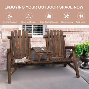 Wooden Outdoor Bench, Double Adirondack Chair Bench Set with Center Table for Patio, Backyard, Deck, Fire Pit, 61.8" x 34.6" x 40.6", Carbonized
