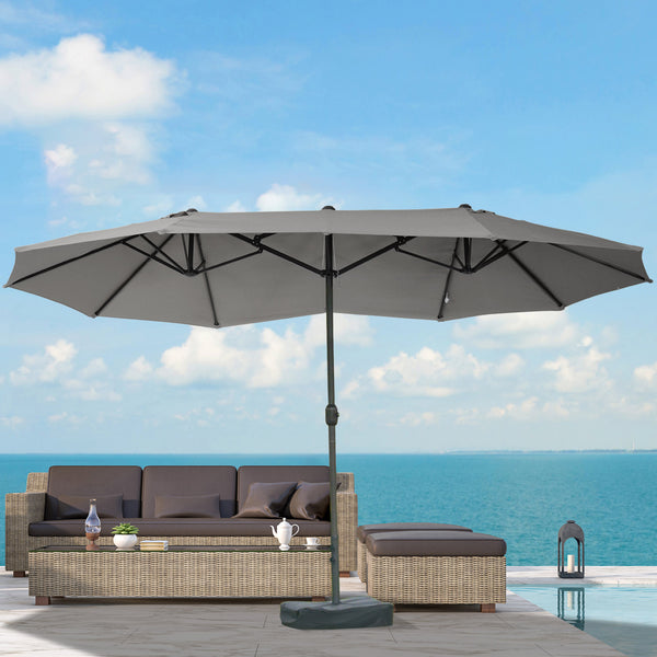 15' Outdoor Patio Umbrella with Twin Canopy Sunshade Steel Table Umbrella with Lift Crank, Cross base, Sandbag, Dark Grey