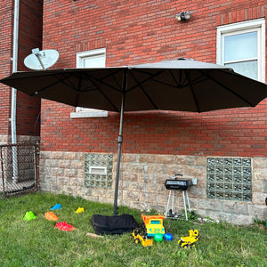 15' Outdoor Patio Umbrella with Twin Canopy Sunshade Steel Table Umbrella with Lift Crank, Cross base, Sandbag, Dark Grey