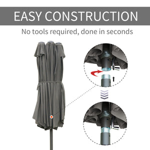15' Outdoor Patio Umbrella with Twin Canopy Sunshade Steel Table Umbrella with Lift Crank, Cross base, Sandbag, Dark Grey